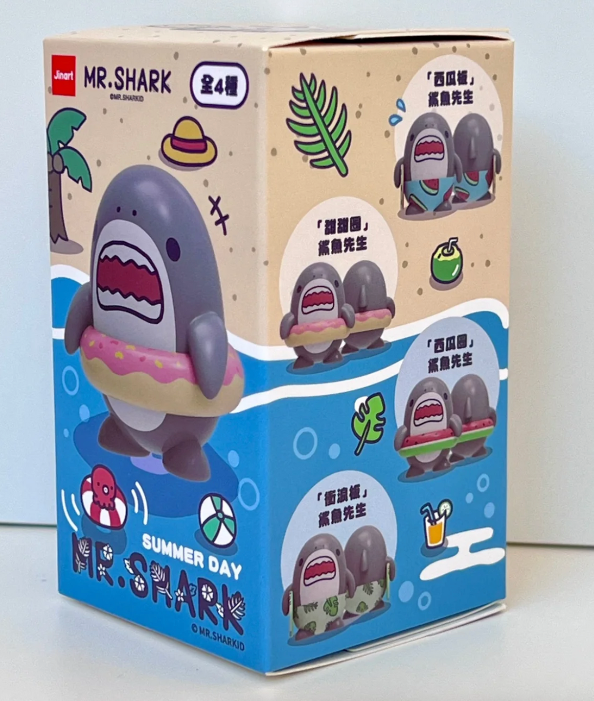 Colorful Mr Shark Summer Blind Box packaging showing different playful shark characters with summer accessories and beach-themed illustrations