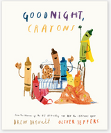 Children's book cover featuring colorful crayons having fun at bedtime with cookies and blankets