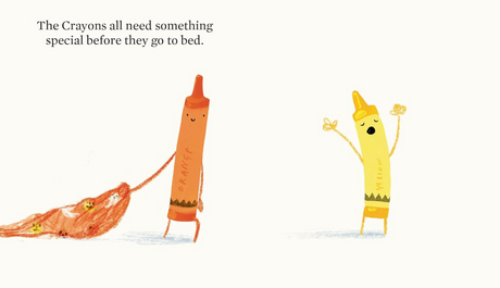 An orange crayon holding a blanket and a yawning yellow crayon beside it on a white background.