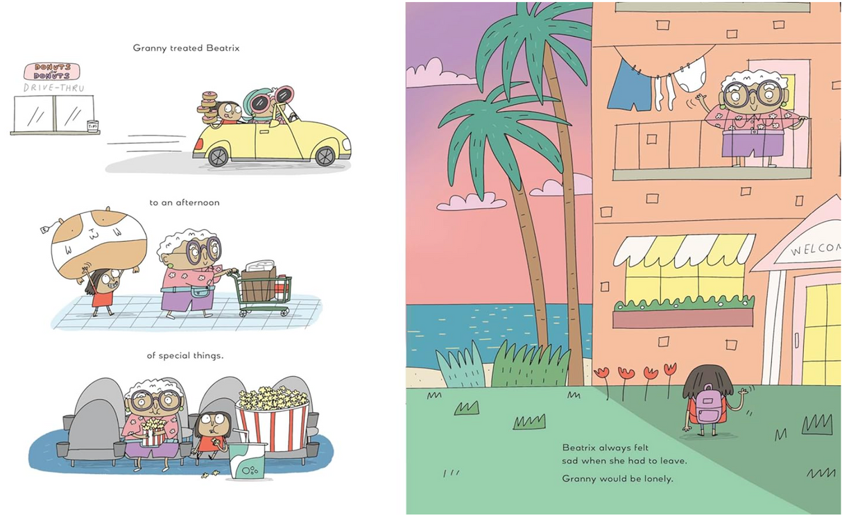 Illustration of Bea and Granny enjoying a movie and shopping before Bea leaves Granny’s apartment by the sea.