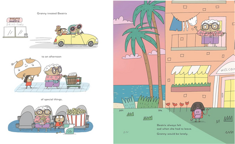 Illustration of Bea and Granny enjoying a movie and shopping before Bea leaves Granny’s apartment by the sea.