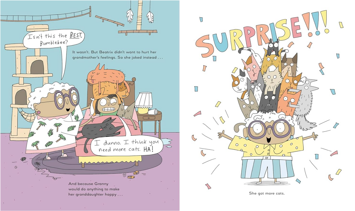 Two illustrated pages showing a grandmother and girl with many playful cats in a colorful children’s book scene