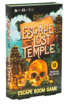 Escape room game box with adventurous lost temple theme featuring 12 puzzles and a golden skull illustration.