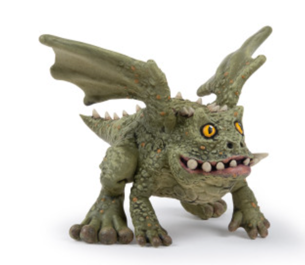 Green mythical creature with dragon wings and toad-like body featuring bright yellow eyes and sharp teeth