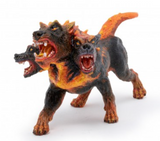Three-headed Fire Cerberus figurine with fiery orange and black details ready for imaginative play and adventure