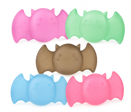 Five colorful Super Duper Sugar Squisher bats in pink, green, brown, blue, and another pink on white background