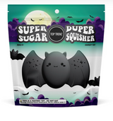 Packaging of Super Duper Sugar Squisher bat squishy toy with cute black bat illustration and moon background