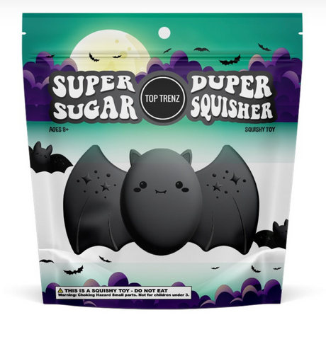 Packaging of Super Duper Sugar Squisher bat squishy toy with cute black bat illustration and moon background