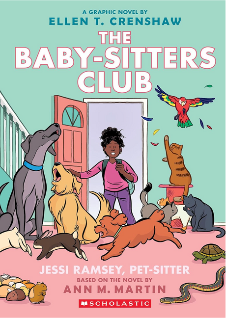 Girl entering room filled with various pets including dogs, cats, a turtle, a bird, and small animals on a graphic novel cover