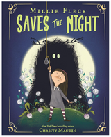 Young girl holding a light switch in front of a large shadowy figure with glowing eyes against a full moon backdrop