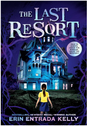 Girl in yellow shirt stands before a large spooky Victorian inn at night surrounded by eerie trees and purple sky