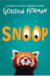 Book cover for Snoop by Gordon Korman featuring a curious red panda with eyes replacing the double o’s in the title.