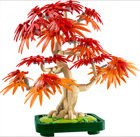 LEGO Japanese Red Maple Bonsai Tree with vibrant red and orange leaves in a green plant pot for home or office decor