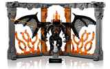 LEGO scene of Gandalf facing the Balrog with fiery wings and flames on a detailed Middle-earth bridge display.