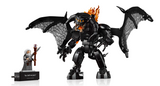 LEGO model of Gandalf facing the fire-breathing Balrog with flames and large textured wings on display.