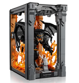 LEGO display of Gandalf facing the Balrog with flaming background inside a dark gray archway bookshelf decor.