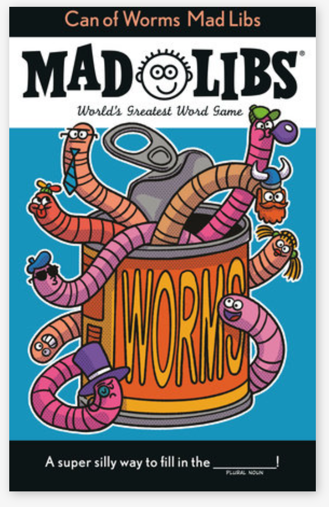 Colorful illustrated worms with funny faces crawl out of an open can labeled worms on a Mad Libs game cover