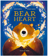 Illustrated cover of Bear Heart showing a smiling bear holding glowing fish in a heart-shaped circle on a blue background