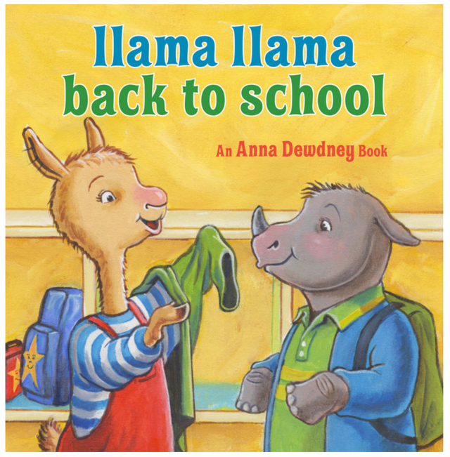 Illustration of Llama Llama and friend preparing for back to school with colorful backpacks and warm smiles