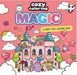 Colorful whimsical castle with cute animals and clouds on pink background for cozy magic coloring book cover