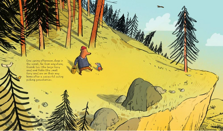 Two furry friends rest on a sunlit hill surrounded by trees, rocks, and a peaceful natural landscape.