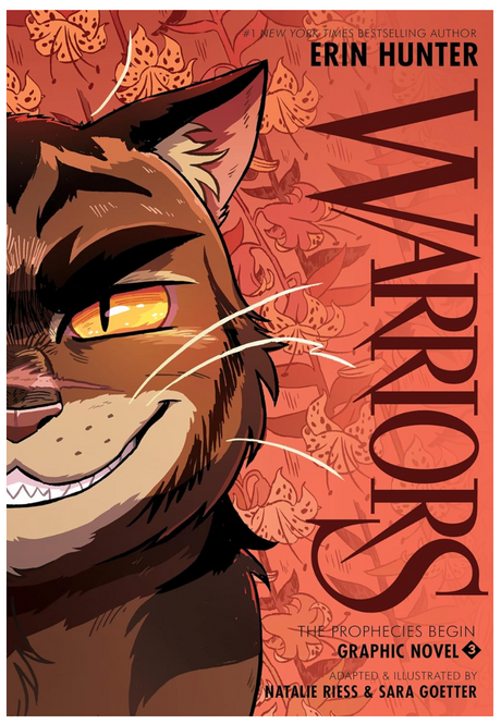 Close-up illustration of a fierce cat with glowing eyes on an orange background with floral patterns and bold text Warriors