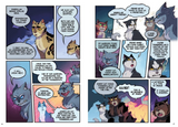 Two pages from Warriors #3: The Prophecies Begin comic showing cat clans discussing threats and tensions in the forest.