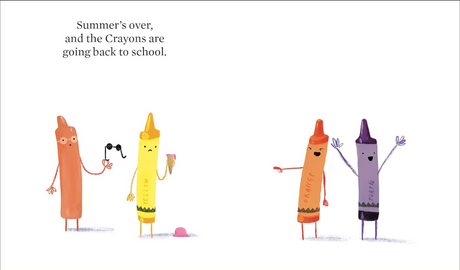 Illustrated crayons show emotions as they prepare to go back to school in a charming children’s book scene.
