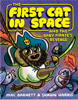 Colorful illustrated book cover showing a baby pirate swinging on a rope with a cat in a space suit and a robot nearby