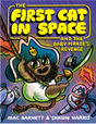 Colorful illustrated book cover showing a baby pirate swinging on a rope with a cat in a space suit and a robot nearby