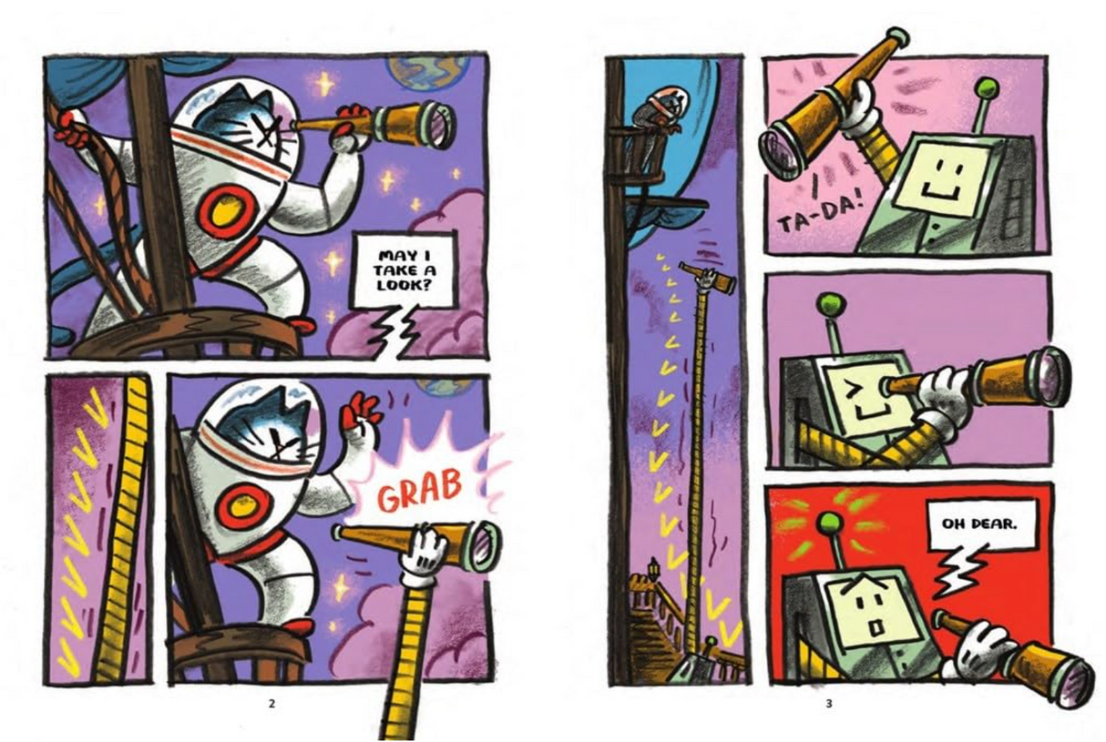 Comic-style panels showing a cat astronaut and a robot using telescopes on a colorful space background