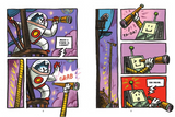 Comic-style panels showing a cat astronaut and a robot using telescopes on a colorful space background