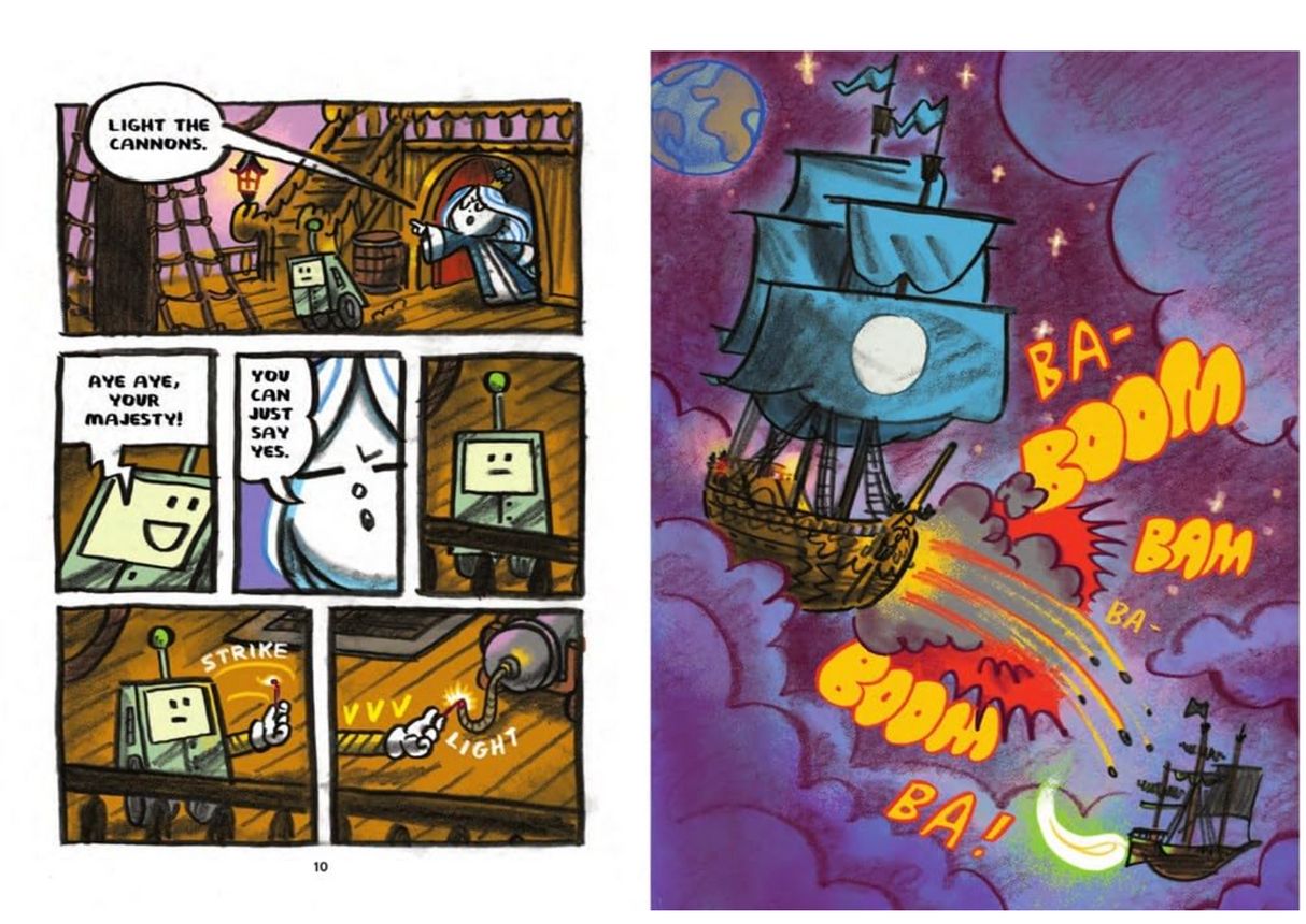 Comic panels showing a pirate ship battle in space with characters planning to light cannons during a dramatic fight.