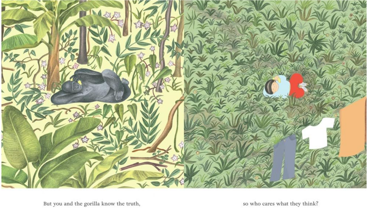 Illustration of a gorilla resting in the jungle and clothes drying on a line in a playful children’s storybook scene.
