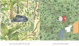 Illustration of a gorilla resting in the jungle and clothes drying on a line in a playful children’s storybook scene.