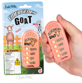Handheld pink Emergency Goat noisemaker with buttons for scream, bleat, kids, and goats sounds in packaging and held in hand.