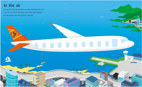 Illustration of a plane flying over a coastal airport scene with buildings, water, and greenery below