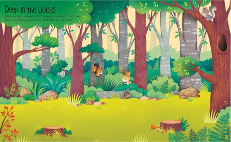 Illustrated forest scene with trees, bushes, woodland animals, and bright greenery for a children's sticker book.