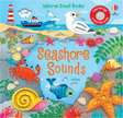 Colorful illustrated cover of a children's sound book featuring seaside animals and beach scenes with interactive sound prompts