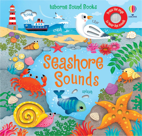 Colorful illustrated cover of a children's sound book featuring seaside animals and beach scenes with interactive sound prompts
