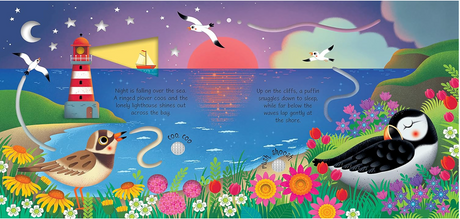 Colorful illustrated seashore scene with lighthouse, birds, flowers, and playful text for a children's sound book.