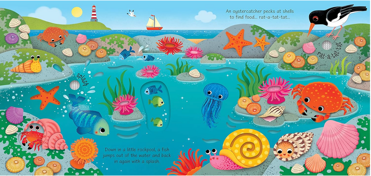 Colorful illustrated ocean scene with fish, starfish, jellyfish, and seaside creatures on interactive sound book pages for toddlers