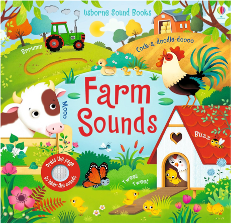 Colorful farm scene with animals and tractor illustrating the interactive sound book for toddlers featuring farmyard sounds.