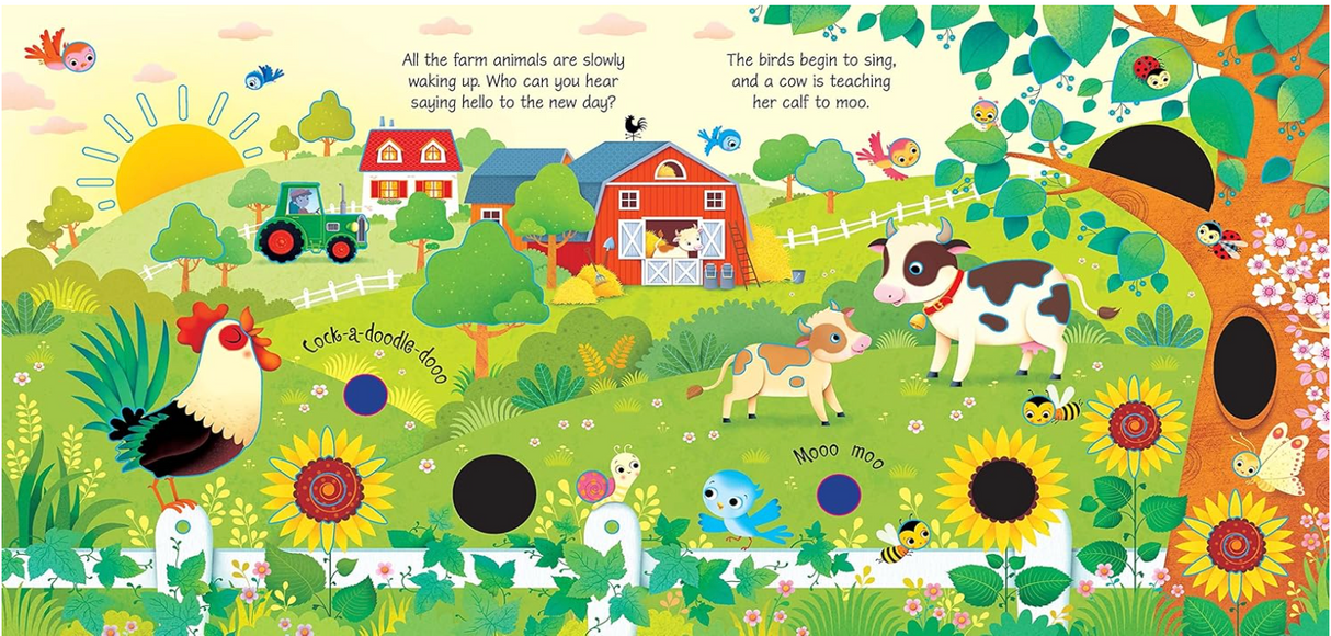 Colorful farm scene from a toddler sound book featuring a rooster, cow, calf, flowers, and a tractor on a sunny day.