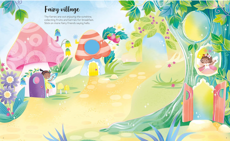 Colorful fairy village scene with mushroom houses, trees, flowers, and fairies enjoying a sunny day in a magical forest setting.