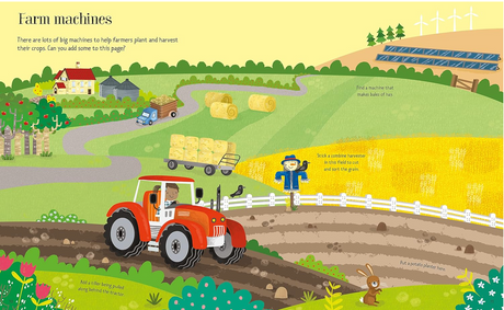 Illustration of a farm with a tractor, hay bales, wind turbines, crops, farmer, and animals in a colorful sticker book scene.