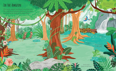 Illustration of Amazon rainforest with animals, plants, and a waterfall from a children's sticker book about Planet Earth.