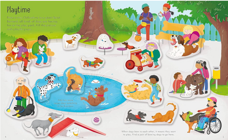 Children playing with various pet stickers in a colorful park scene from a sticker book for ages 3 to 5.
