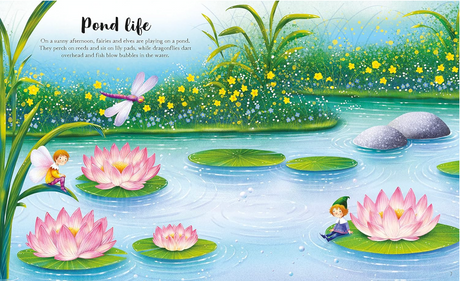 Fairies and elves playing on lily pads in a pond surrounded by flowers and dragonflies on a sunny afternoon