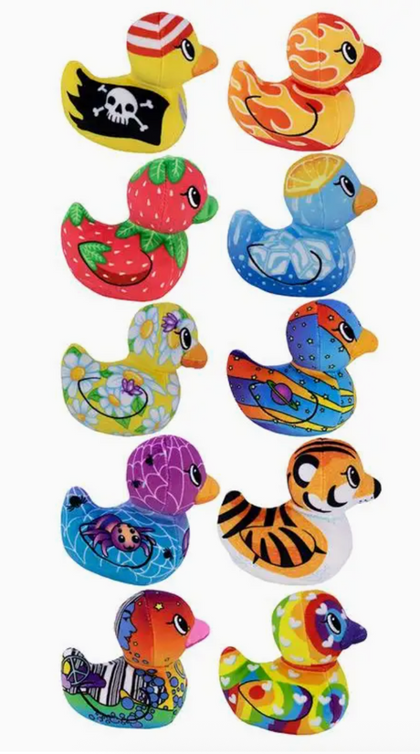 Colorful soft plush ducks with unique fun patterns including pirate, flame, strawberry, and tiger designs on a white background